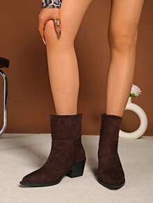 Women's Fashion Ankle Boots, Pointed Toe High Heel Booties, Khaki Western Style Boots, Vintage Chunky/Slim Heel Ankle Boots, Classic Short Boots, Black Ankle Boots, Mid-Calf Boots, High Heel Short Boots, Ladies Boots, Autumn/Winter - Brown - View 2