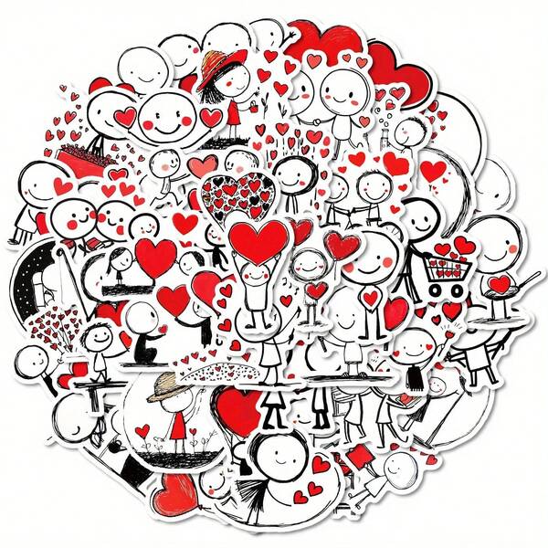 New 50pc Heart-Shaped Simple Figure Stickers, Cute Cartoon, Simple Decoration, Notebook, Guitar And Personalized Stickers
