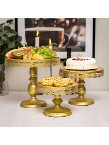 Set Of 3 Round Metal Cake Stand Set, Displaying Table For Birthday Party Cake Display Baby Shower Wedding Pastry Decor Supplies Cupcake Dessert Decoration - Vàng - Xem 2