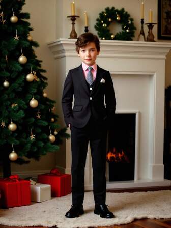 一套男童正装套装 - 1 件西装外套 + 1 条裤子 + 1 条领带，时尚绅士装扮，适合婚礼、演出、派对和其他正式场合。