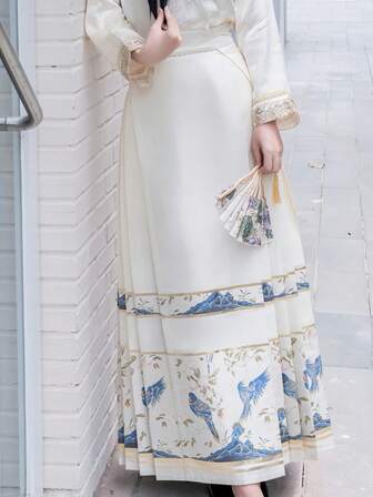 1 pieza Falda plisada de cintura alta con bordado floral oriental, diseño estilizador, nueva falda estilo chino modificada Ma Mian, esencial versátil para mujeres de estatura baja