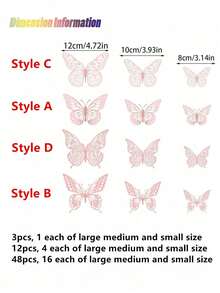 48片3D蝴蝶墙贴，4种款式，3种尺寸，蝴蝶生日装饰、蝴蝶派对装饰、蛋糕装饰、婴儿房装饰，可移除贴纸（粉色），圣诞节礼物、情人节礼物、餐桌摆饰、卧室墙面装饰 - 粉色 - 查看 11