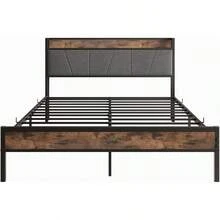 Bed Frame With Storage, Heavy Duty Metal Upholstered Platform Bed Frame Size With Headboard, Bed Base No Box Spring Needed, Noise, Easy Assembly, Brown