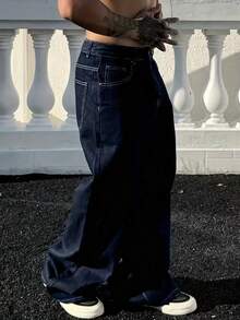 Teenage Boys' Blue Washed Baggy Jeans, Retro Wide Leg Straight Fit, European & American Street Style - Dark Wash - View 6