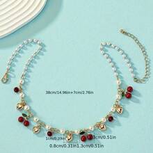 Sweet Cherry Pendant Necklace For Women, Unique Faux Pearl Heart Bead Chain, Clavicle Chain - 01金色 - 查看 3