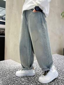 青少年男孩字母刺绣口袋休闲阔腿牛仔裤 - 藍色 - 查看 3