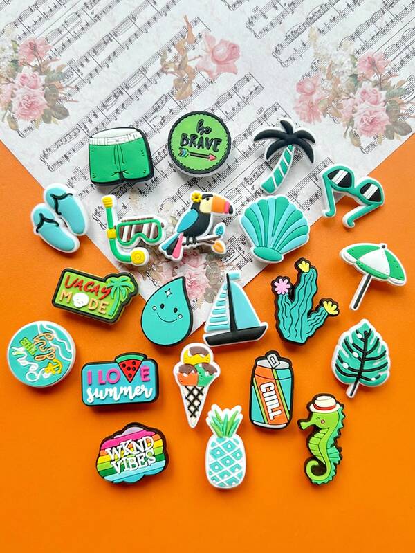 21 PCS Refreshing Summer Collection, A Summer Beach-Themed Shoe Accessory Set Featuring Designs Such As Diving Gear, Water Droplets, Ice Cream, Soda, Beach Pants, Etc. With Refreshing Patterns. PVC Shoe Accessories For Summer Holidays, Party Gifts, Colorful DIY Decorations, Fashionable Accessories And Handicrafts - Bright Mixed Colors And Fun Designs, Ideal Gifts For Adults.