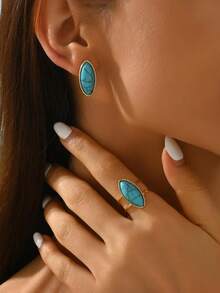 1 Set de Aretes y Anillo de Turquesa Vintage Occidental para Mujer, Anillo Ovalado y Aretes Bohemios