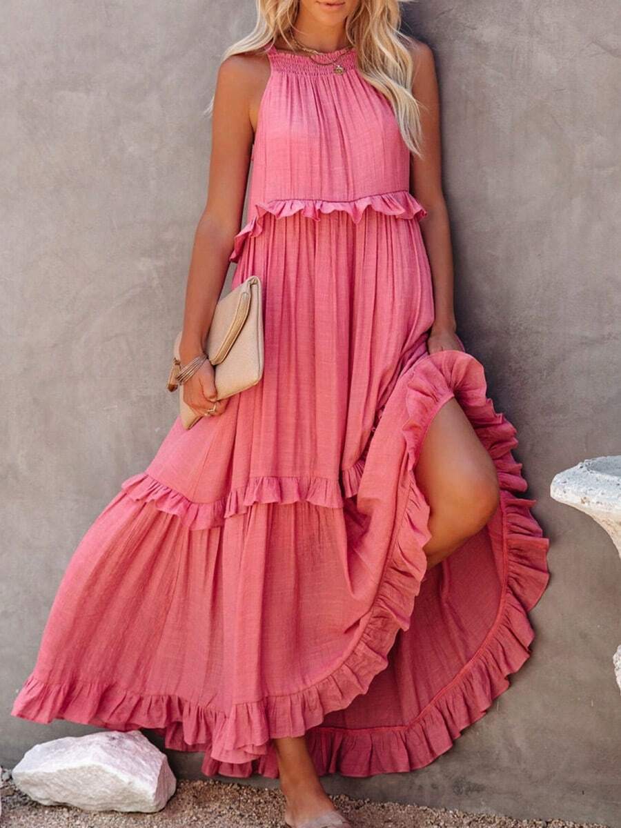 Women Boho Ruffle Tiered Maxi Dress – Sleeveless High Waist Flowy Sundress For Summer Vacation & Beach - 粉色 - 查看 1