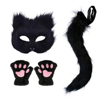 4pcs Fox Tail, Cat Ear, Wolf Ear Role Play Set, Plush Mask, Gloves, Plush Tail, Suitable For Girls And Women Halloween Carnival Party Costume