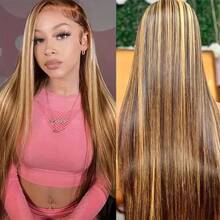 #P4/27 High-Gloss 28-Inch 13x4 HD Lace Forehead Long Straight Wig, Brazilian Native Hair, 200% Density, Glue-Free Fiber Wig, Women's Only, 13x4 Ear-To-Ear Lace Forehead Long Hair, Pre-Plucked Hair, Natural Hairline, Suitable For Everyday Wear