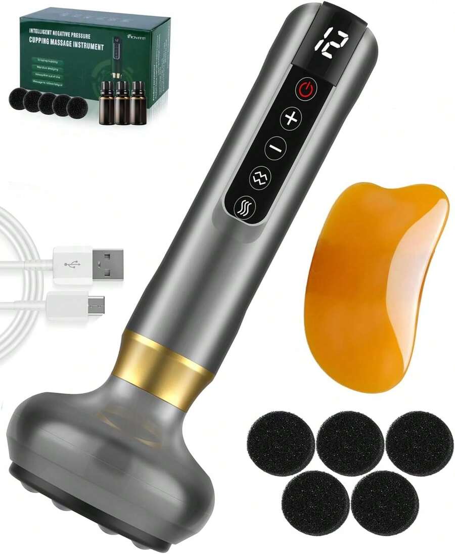 Masajeador de Celulitis Incluye Gua Sha y Aceites Esenciale, 12 Niveles Máquina para Masaje Anticelulitis,Aparato Masajeador Recargable para Corporal, Regalos Mama &amp; Papa, 5 Niveles de Calor, Portátil - negro - Ver 1