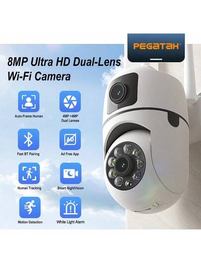 8MP Dual Lens Security Camera, 4K/8MP WiFi Outdoor Cameras Home Security, Supporting Two Way Audio, Slimme Night Vision Motion Detection, 360° Whole Monitoring Via App Vision, Moving Object Tracking, Intercom, Multi Sharing, Real Time Alarm