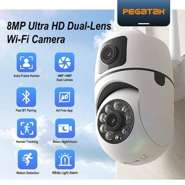 8MP Dual-Linsen Sicherheitskamera, 4K/8MP WLAN Outdoor Kameras für Heimsicherheit, mit Zwei-Wege-Audio, intelligenter Nachtsicht und Bewegungserkennung, 360° Rundum-Überwachung für das ganze Haus über die App - Farbige Nachtsicht, Bewegungsverfolgung, Gegensprechanlage, Mehrbenutzer-Freigabe, Echtzeit-Alarm