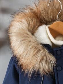 Tween Boys Casual Outdoor Hooded Jacket With Oversized Faux Fur Collar, Thick & Warm For Autumn/Winter - أزرق بحري - مشاهدة 5