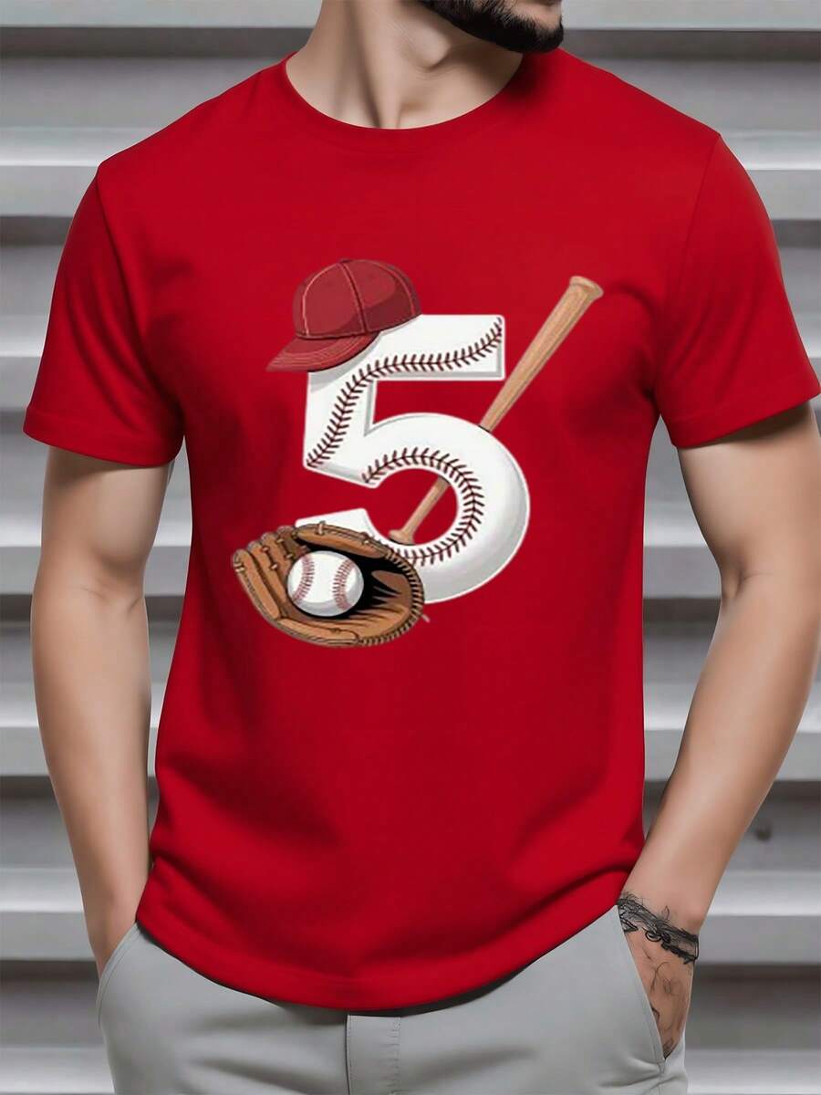 The Graphic Shows The Number 5 Created With Baseball Stitching, Accompanied By A Bat, A Glove, And A Red Cap, Symbolizing Passion For The Game And Sportsmanship. Men's T-Shirt, 100% Cotton, Comfortable For Everyday Wear And Casual Activities. - 紅色 - 查看 1