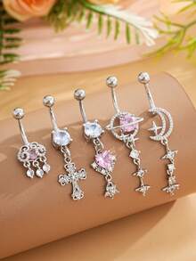 1.5pcs Star & Moon Multi-Element Pendant Navel Ring Stainless Steel Spiral Navel Piercing Jewelry, Suitable For Daily Wear
