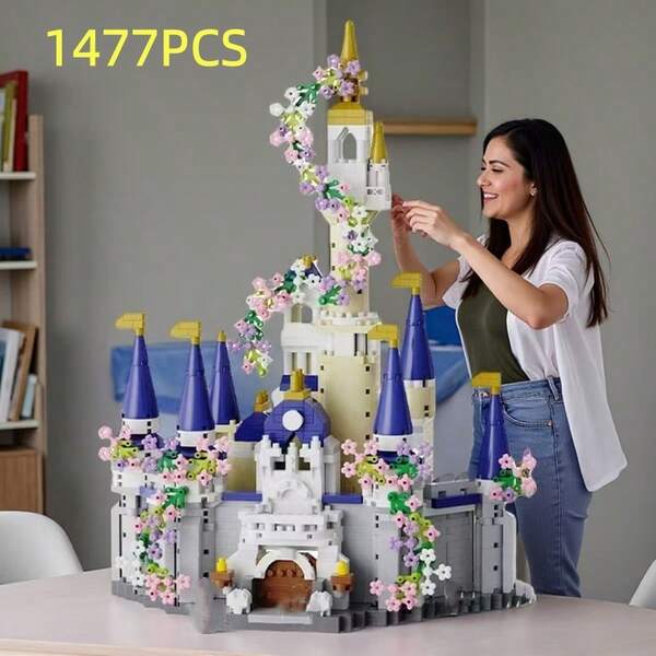 1477pcs Large Blue Castle Building Block Model, Collectible Gift, Can Be Used As Desk, Display Cabinet Or Office Decor, Ideal For Halloween, Christmas, Birthday, New Year Gifts