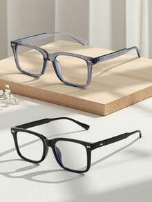 2pcs Men's Metal Decoration Vintage Style Rivet Embellished Flat Lens Glasses, Campus Business Glasses (Glasses Strap + PU Leather Gift Box Set) - 黑色+淺灰色 - 查看 8