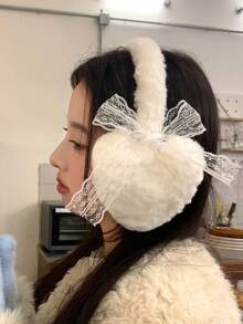 1Pc Ladies' Earmuffs New Winter Cute Lace Bow Warm Heart-Shaped Earmuffs | Fluffy Earmuffs, Winter Accessories, Cozy Winter Wear, Feminine Design, Stylish Earmuffs, Lightweight Warmth, Hand Wash Only, Fashion Earmuffs, Gift For Her, Fashion Lovers White Ear Muffs - Nhiều màu - Xem 4