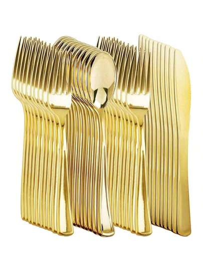 10/25/50/150pcs Gold Reusable Cutlery Set, Includes Cake/Salad Forks, Spoons, Knives, Suitable For Home, Restaurant, Wedding, Outdoor, Birthday, Party, Holiday Gathering