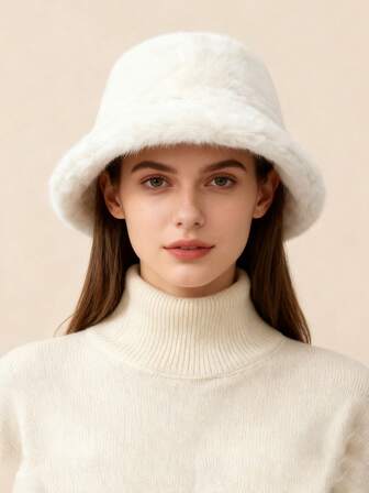 1 PC Of Women's Plush Bucket Hat, Cute And Thickened For Winter, Face-Slimming And Stylish, Faux MiBucket HatHat