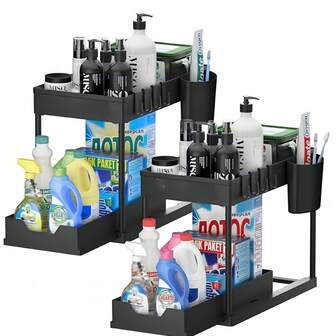 2pcs Storage Rack, Pull-Out Double Layer Kitchen Storage Rack, Under Sink Storage Rack, Bathroom Cabinet Double Sliding Storage Rack, Kitchen Storage Rack With Hooks