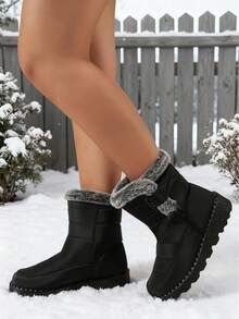 FZY Women's Thick-Soled, Warm Hiking Boots. Flat Boots With A Fleece Lining, Comfortable Ankle Boots Reaching Mid-Calf, Suitable For Winter Wear, Essential Shoes For Women's Winter Outfits, And A Top Choice For Valentine's Day Gifts-Women's Warm And Protective Hiking Boots - 黑色 - 查看 2