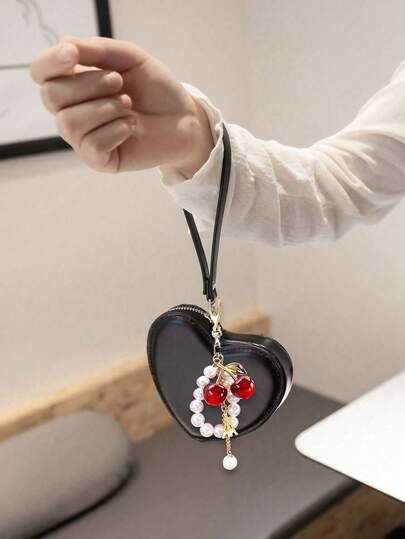 Heart Shaped Wallet, Small Heart Shaped Wallet Wristlet, Leather Coin Purse Heart Shaped Bag, Cute Heart Shaped Coin Purse Heart Shaped Wallet Card Holder Wallet With Wristlet And Pearl Cherry Pendant, Convenient Storage And Quick Change, Suitable For Women Girls