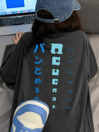 女性用ルーズフィットカートゥーンプリントロングスリーブコットンTシャツ、春秋に活躍