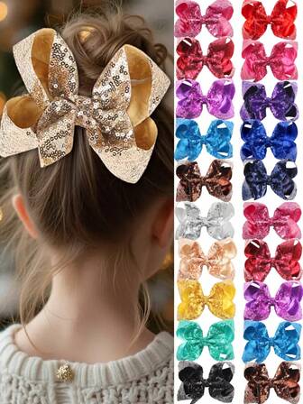1 st. 20 cm hårspänne med glänsande paljetter och stor rosett, huvudbonad för flickor på festivalscen, glittrigt barntillbehör, enfärgat hårspänne med pärlor för flickor