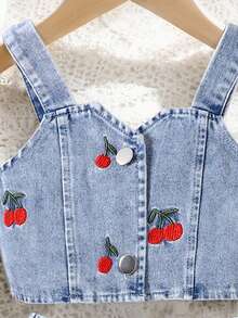 Tween Girl Cherry Pattern Embroidered Camisole And Denim Skirt Set - Blue - View 3