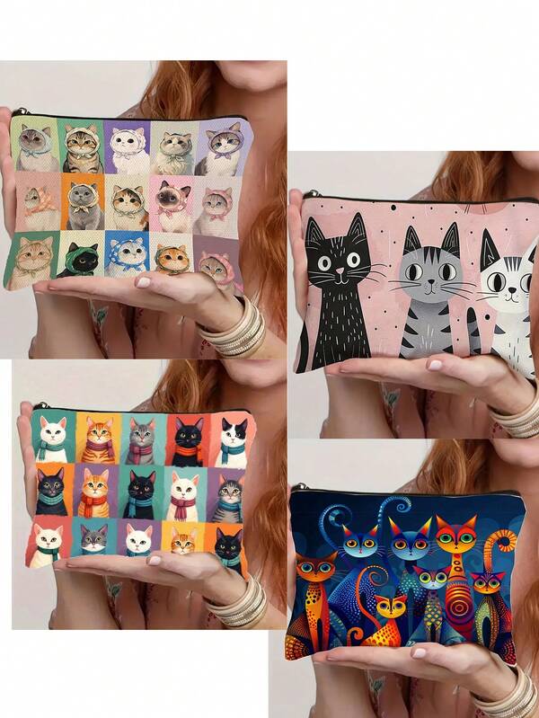 Bolsa de maquillaje con estampado de gato lindo y bolsa de cosméticos con cremallera y bolsa de artículos de tocador - Bolsa de medicina reutilizable estilo Boho Academy, bolsa de almacenamiento con tema animal, bolsa para lápices, bolsa de almacenamiento - Para la escuela, la decoración del hogar de verano, la bolsa de aperitivos 9in*6in