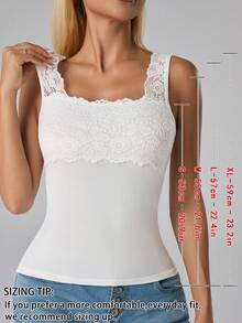 Women's Black Plain Lace Trim Decor Square Neck Camisole Spliced Tank Sleeveless Thin Vest Top - White - View 2