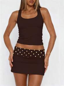 Women Fold Over Low Rise Bodycon Mini Skirt Y2k Polka Dots Print Slim Fitted Going Out Micro Skirts Stretchy Tube Pencil Mini Skirts Party Clubwear - 咖啡棕 - 查看 2