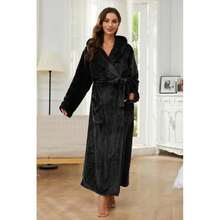 Womens Long Hooded Plush Robe, Soft Thick Warm Fleece Bathrobe Full Length House Coat,25939872 - 黑與白 - 查看 2