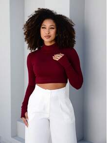 Women's Ribbed Long Sleeve Cropped High Neck Top With Thumb Loops - Redwood - View 2