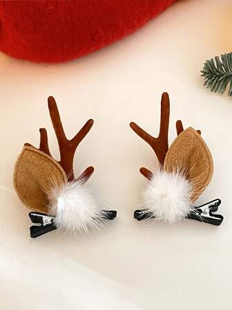 1 Pair Women's Christmas Reindeer Antler White Fur Ball Decor Hair Clips, Suitable For Daily Commute, Party, Christmas, Stage Performance Matching