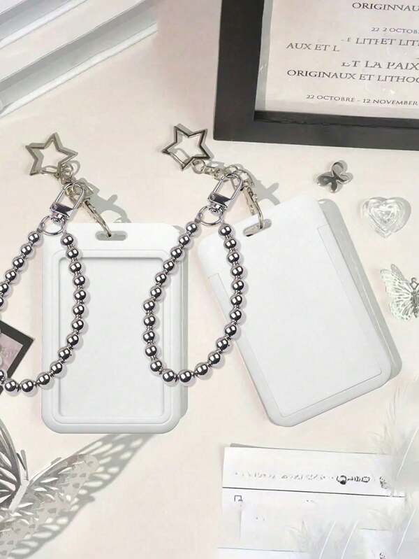 White Card Holder With Star Pendant Paired With Faux Pearl Pendants, Bag Ornament, Keychain, Can Hold Id Card, Celebrity Card, Bus Card, Meal Card, Subway Card, Photo, Residential Card, Access Card Protective Cover