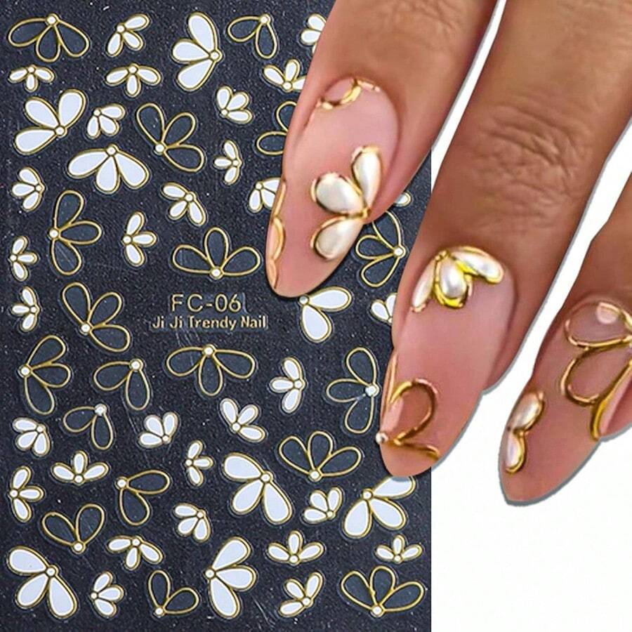CZ 2 Sheets Flower Nail Stickers 3D Nail Decals With Gold Outline Self Adhesive Stickers Para Uas Nail Art Decals For Stunning Manicure Design Nail Accessories For Nail Art DIY 0085 - 粉色 - 查看 1