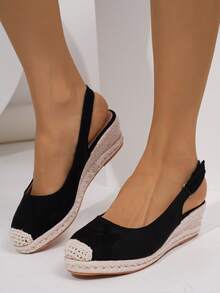 Women's Solid Color Slingback Casual Retro Wedge Platform Slingback Shoes - Black - View 7