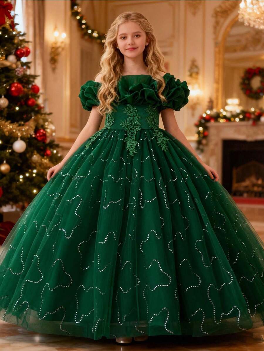 女童荷叶边露肩粉色派对礼服，花卉刺绣，生日派对，婚礼，毕业舞会，儿童优雅礼服 - 墨綠色 - 查看 1