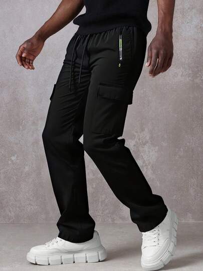 Men's Casual Cargo Pants, Solid Color Multi-Pocket Straight Leg Zipper Sports Trousers, Spring/Autumn