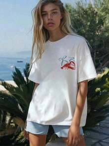 Funny Crawfish Graphic, Sassy Crawfish, Louisiana , Whimsical Lobster Graphic Printed Crew Neck Short Sleeve T-Shirt, Funny Seaside Shirt Summer Beachwear Gift For Seafood Lovers. High Street Hip Hop Style T-ShirtT-Shirt- Oversized Casual Short Sleeve Round Neck Tee, Soft Breathable Fabric For Holiday Parties& Gift Giving - 白色 - 查看 2