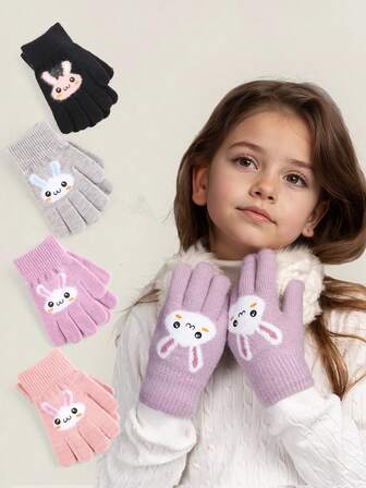 1 Pair Kids Gloves, Warm Thermal Lined Cute Rabbit Design Finger Gloves For Boys And Girls, Suitable For Outdoor Play, Fits Ages 3-8