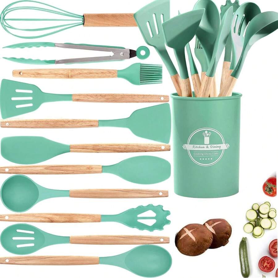 Utensilios de Cocina de Silicona, Juego de 12 Herramientas de Cocina Antiadherentes Resistentes al Calor,Viene con espátula/cuchara/agitador/clip, etc.,... - verde menta - Ver 1