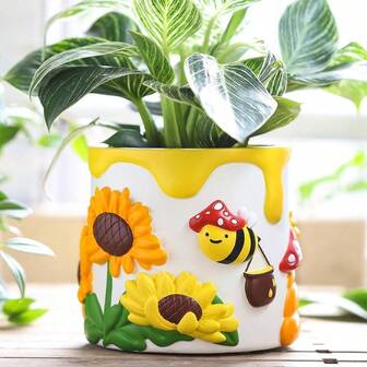 Colorful Bees And Sunflowers Plant Pots, Cute Unique Succulent Planters With Drainage, Small Mushrooms Flower Planters Pots Indoor Plants, Funny Eclectic Home Decor