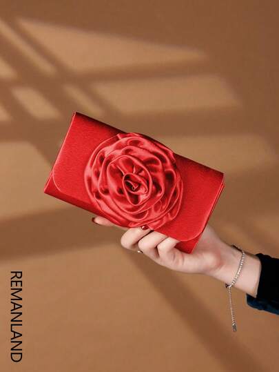 REMANLAND 玫瑰花造型女士晚宴手拿包，缎面手提包，适合婚礼、派对等场合，创意礼品