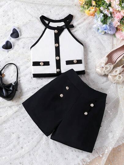 2pcs Tween Girl Summer Elegant Contrast Color Cold-Shoulder Knit Camisole & Fashion Shorts Set, Suitable For Outings