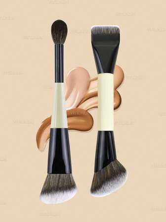 2支装黄色双头粉底修容化妆刷套装，适合初学者，多功能双头化妆刷，修容刷，专业化妆刷，化妆刷套装，化妆刷组合，化妆刷套装，全套化妆工具，化妆刷套装，全套化妆工具，化妆刷套装，化妆刷礼盒套装